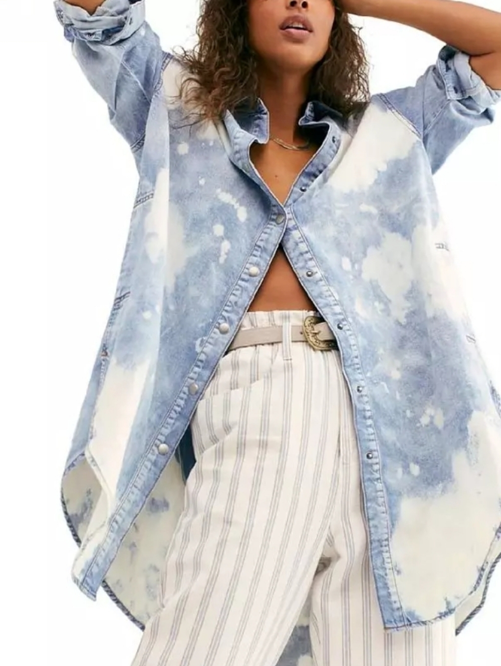 We The Free Tuscan Tie Dye Denim Shirt Tunic Dress Overized Snap Buttom (Flaws)
